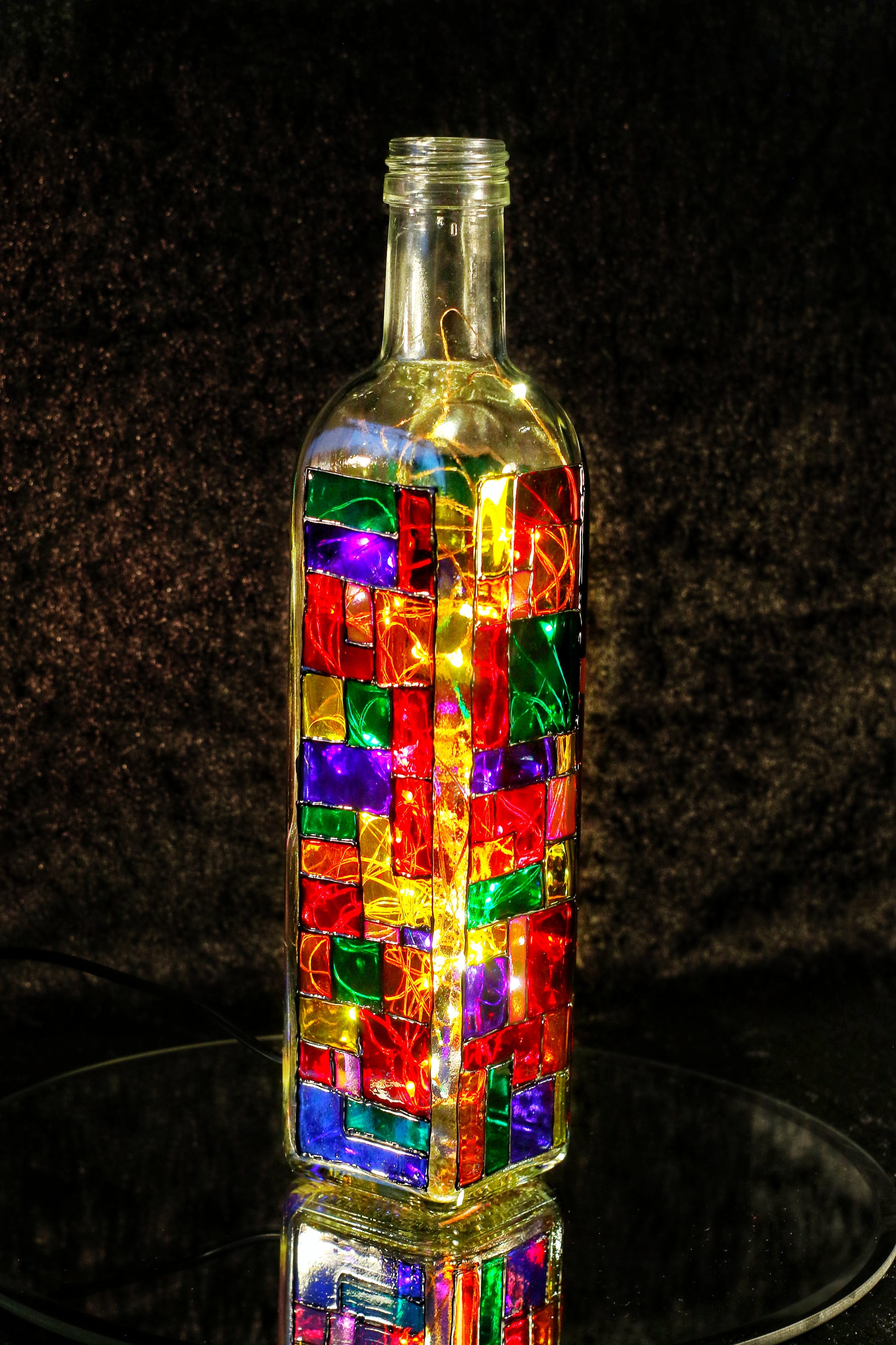 Joyful lamp, happy lamp, colourful lamp, smile lamp, Joyful light, happy light, colourful light, smile light, unusual lamp, sustainable upcycled glass lamp, Stained Glass Bottle Lamp, Stained Glass Upcycled Light, Mondrian Sustainable Light 