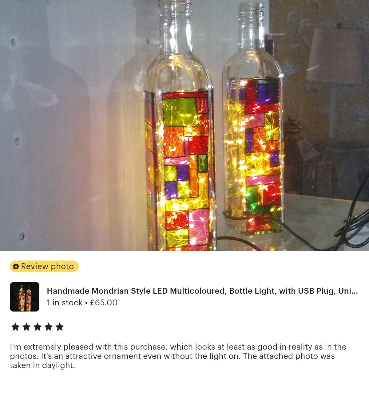 Handmade Mondrian Style LED Multicoloured Rainbow Bottle Light, with USB Plug, Unique, Perfect Gift, Bright and Colourful, Made in Cornwall. Perfect Pride Gift