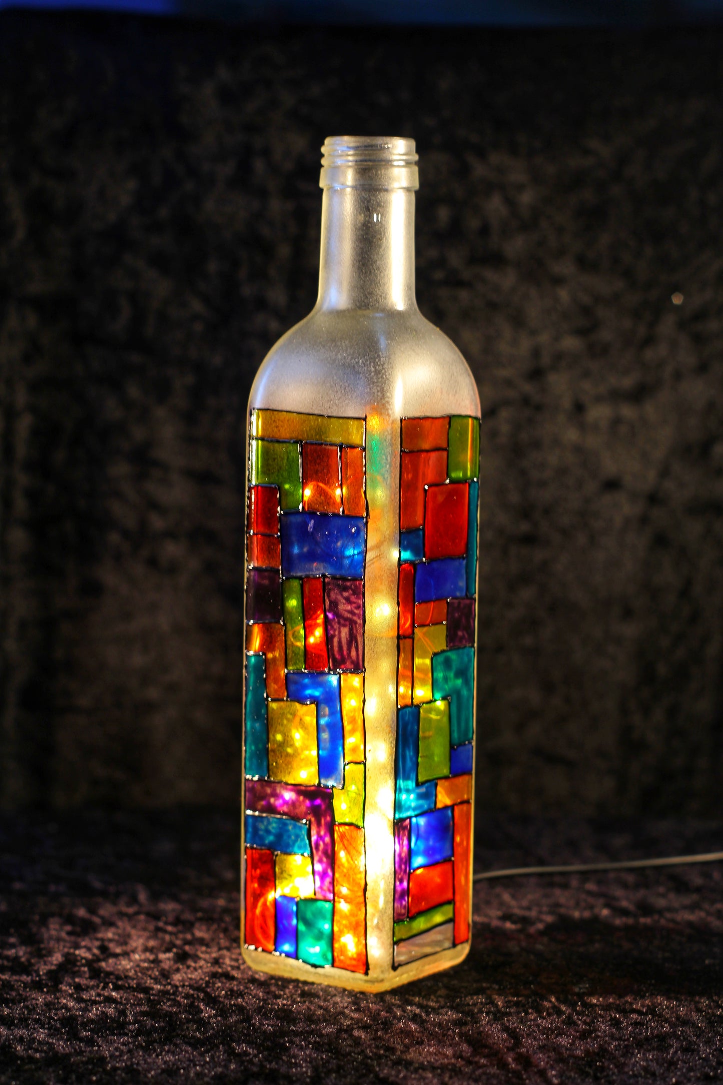 Handmade Mondrian Style LED Multicoloured Rainbow Bottle Light, with USB Plug, Unique, Perfect Gift, Bright and Colourful, Made in Cornwall. Perfect Pride Gift