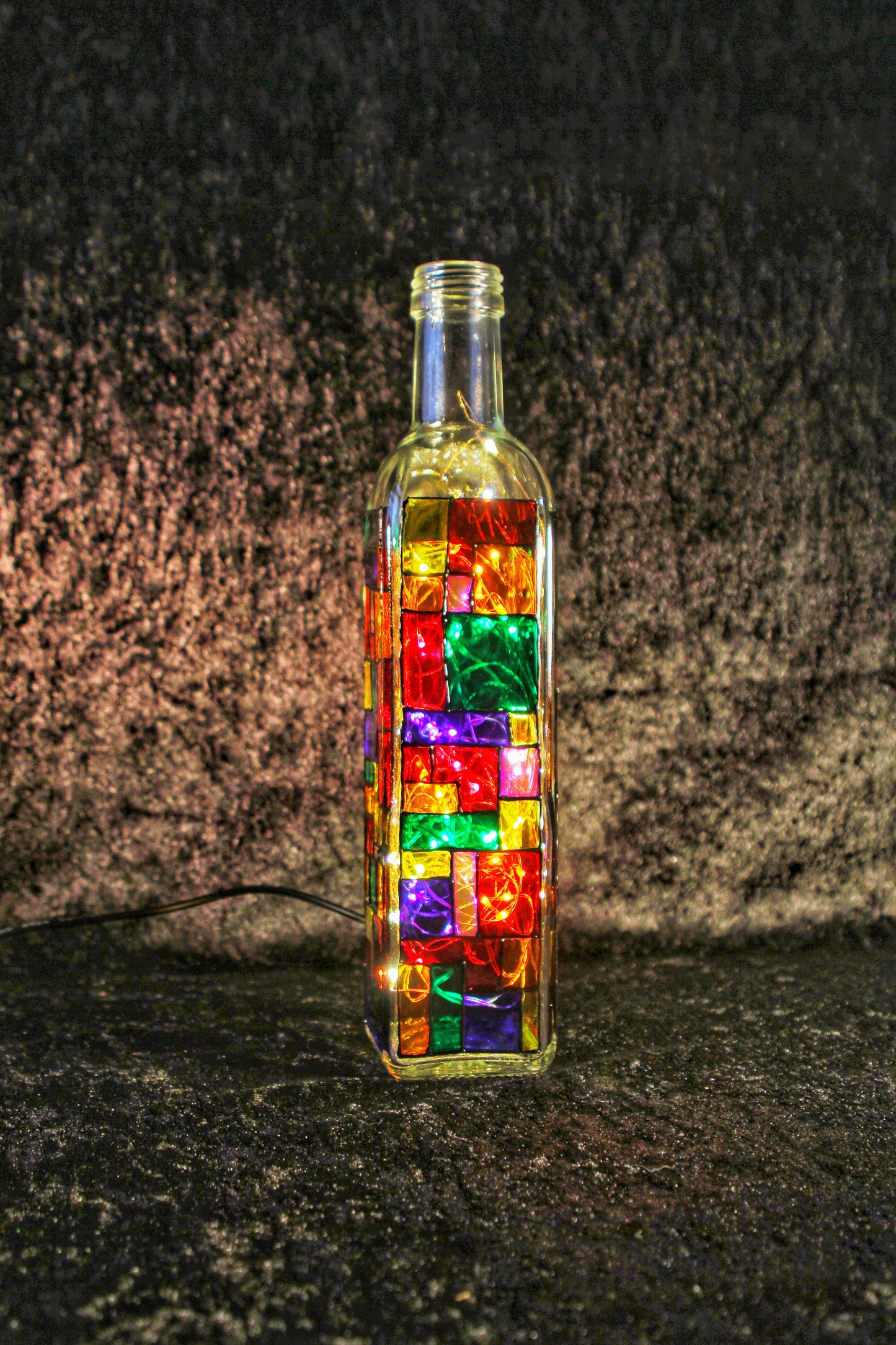 Handmade Mondrian Style LED Multicoloured Rainbow Bottle Light, with USB Plug, Unique, Perfect Gift, Bright and Colourful, Made in Cornwall. Perfect Pride Gift