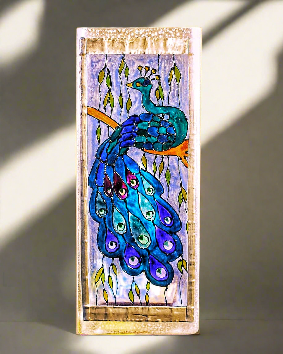 Handmade by Cornish Artist, Stunning Peacock Light, Stained Glass with Lead Trim, LED Low Energy, Perfect Gift, Art Nouveau