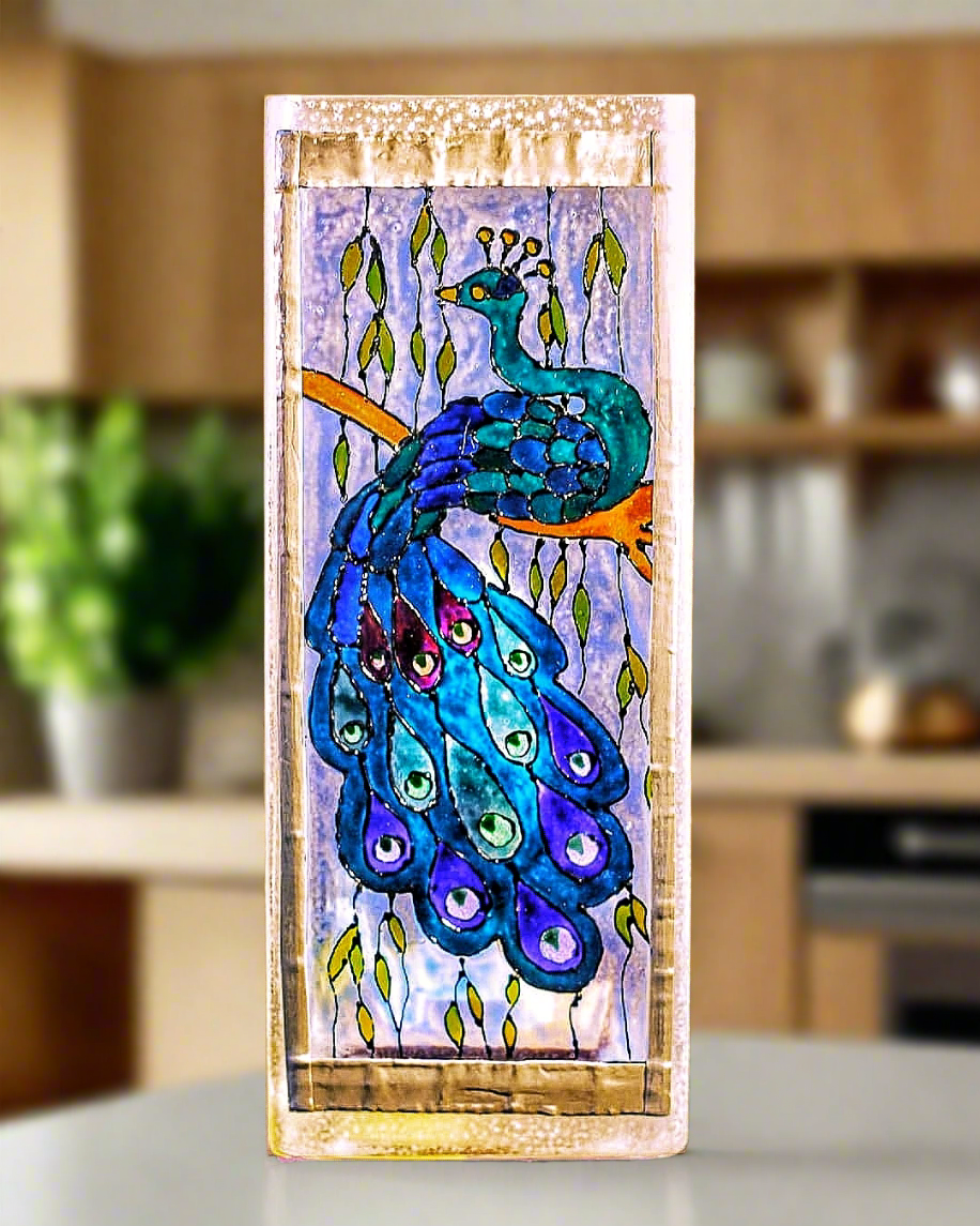 Handmade by Cornish Artist, Stunning Peacock Light, Stained Glass with Lead Trim, LED Low Energy, Perfect Gift, Art Nouveau