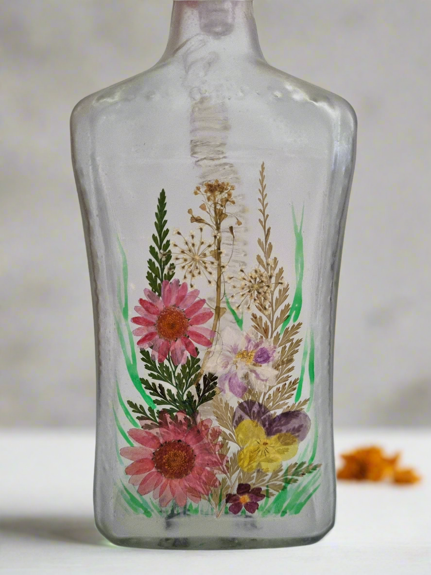 Sustainable & Handmade in Cornwall, Dried Flower Rechargeable Bottle Light, Purples Pinks Yellows, Real Flowers, Perfect OOAK Present