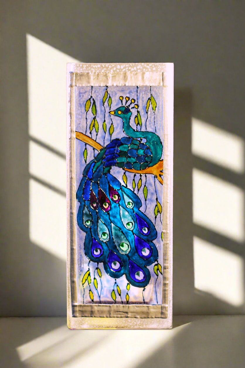 Handmade by Cornish Artist, Stunning Peacock Light, Stained Glass with Lead Trim, LED Low Energy, Perfect Gift, Art Nouveau