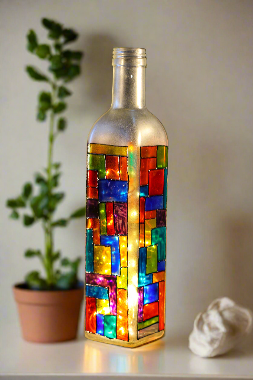 Gift Idea, rainbow gift idea, art for the home, modern light, sustainable lamp, Stained Glass Bottle Lamp, OOAK Sustainable lights 