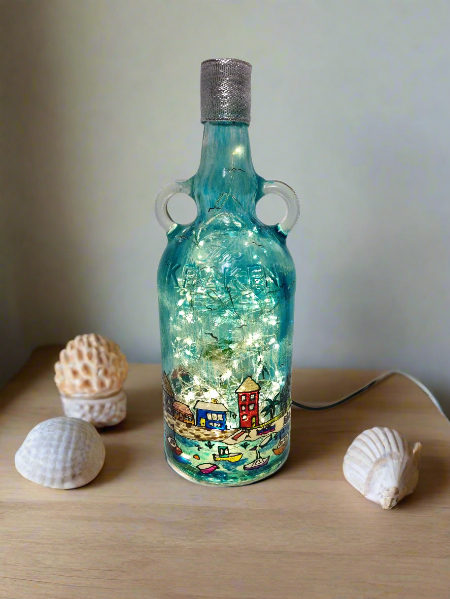 Cornish Fishing Village Handcrafted Artisan Table Lamp, Unique, OOAK Sustainable Idea