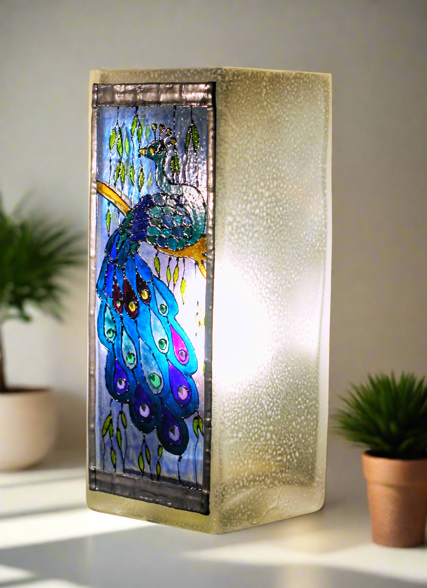 Handmade by Cornish Artist, Stunning Peacock Light, Stained Glass with Lead Trim, LED Low Energy, Perfect Gift, Art Nouveau