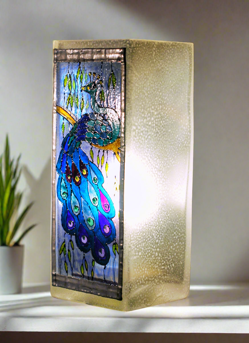 Handmade by Cornish Artist, Stunning Peacock Light, Stained Glass with Lead Trim, LED Low Energy, Perfect Gift, Art Nouveau