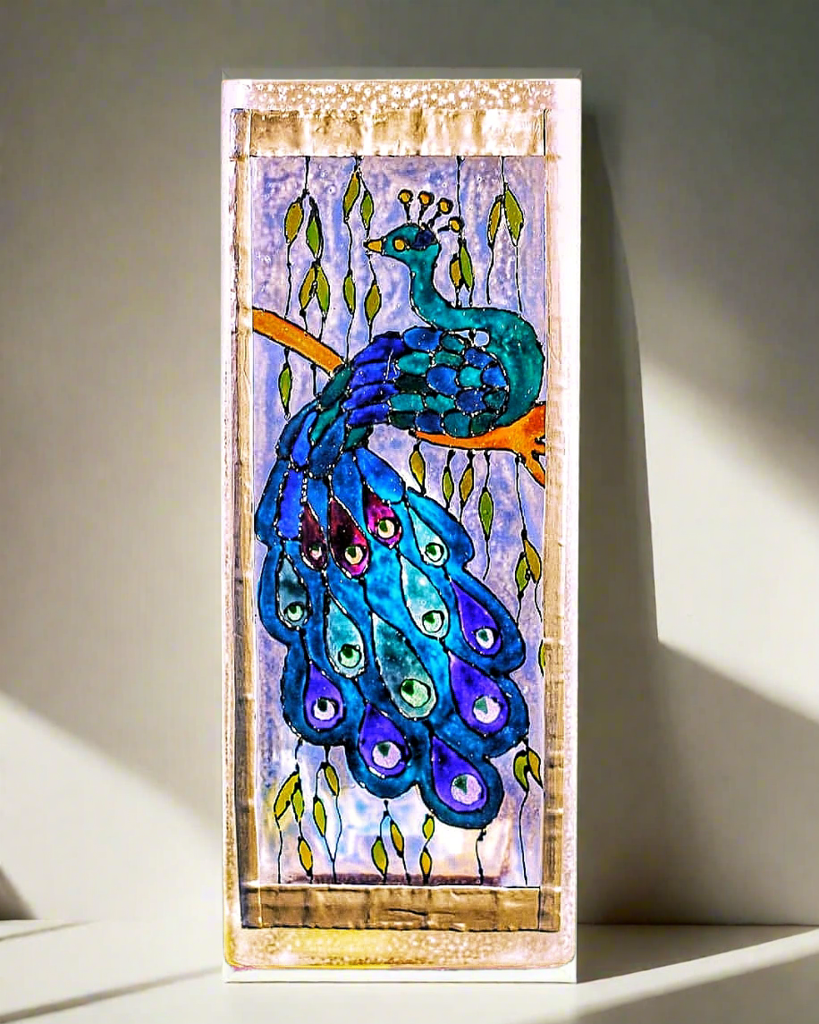 Handmade by Cornish Artist, Stunning Peacock Light, Stained Glass with Lead Trim, LED Low Energy, Perfect Gift, Art Nouveau