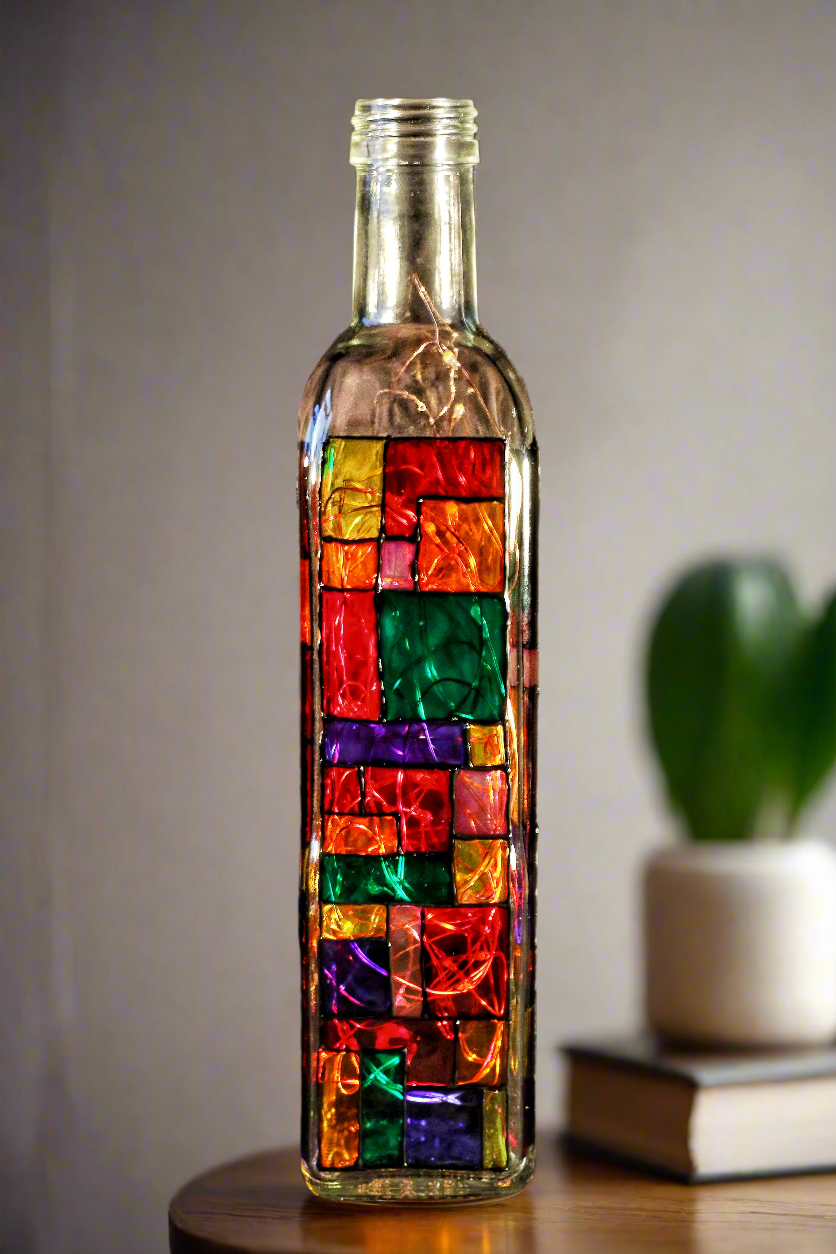 Handmade Mondrian Style LED Multicoloured Rainbow Bottle Light, with USB Plug, Unique, Perfect Gift, Bright and Colourful, Made in Cornwall. Perfect Pride Gift