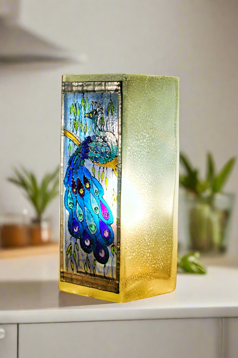 Handmade by Cornish Artist, Stunning Peacock Light, Stained Glass with Lead Trim, LED Low Energy, Perfect Gift, Art Nouveau