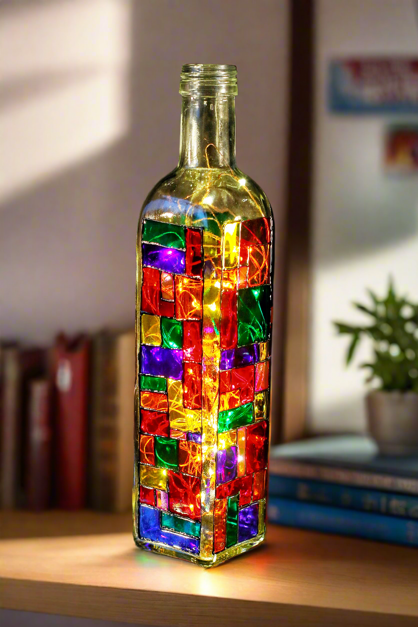 Xmas gift, Stained Glass lamp, Stained Glass Bottle Light, Upcycled glass lamp, pride gift, gift for lgbtqi+, rainbow gift, couples gift, wedding gift, gifts for him, each one unique gift, uplifting gift, get well gift, anniversary present, gift for the home, art for the home, arthouse lamp, contemporary lighting, sustainable art light